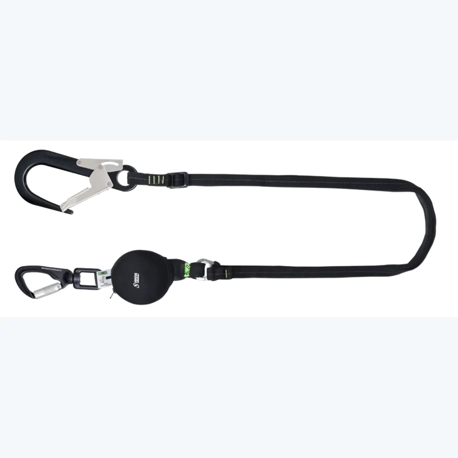 GRAVITY-S, Compact energy absorber with adjustable lanyard (140 kg, sharp edges), strap lg. 2 m, with aluminum connectors