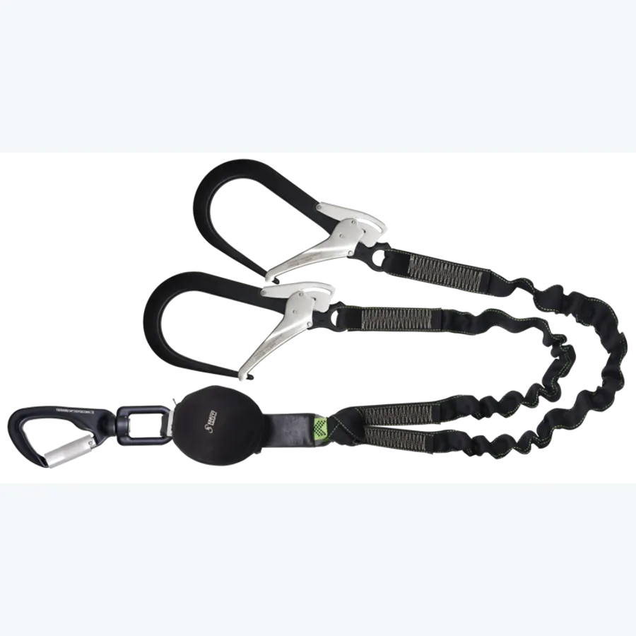 GRAVITY-S, Compact energy absorber with forked lanyards (140 kg, sharp edges), elastic strap lg. 1.50 m, with large opening aluminum scaffolding hooks