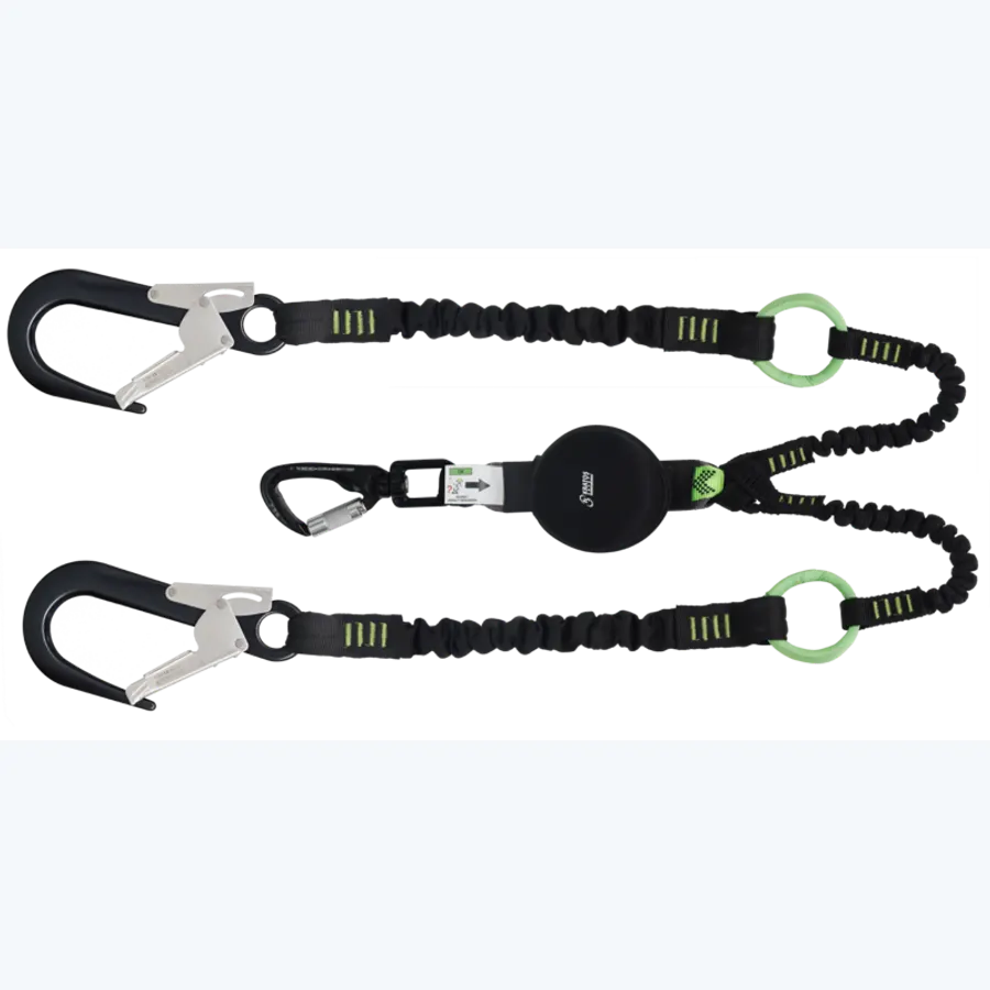 GRAVITY-S, Compact energy absorber with forked lanyards (140 kg, sharp edges), elastic strap lg. 2 m, with intermediate tie-back rings