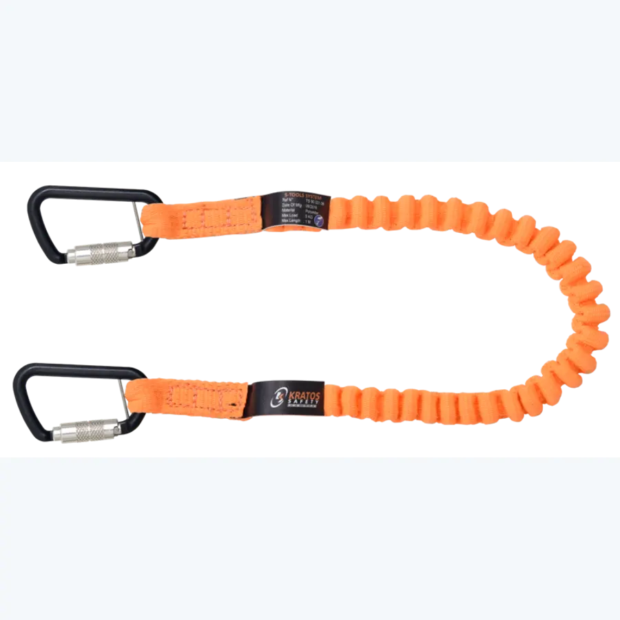 Stretch lanyard with integrated karabiners for connecting tools