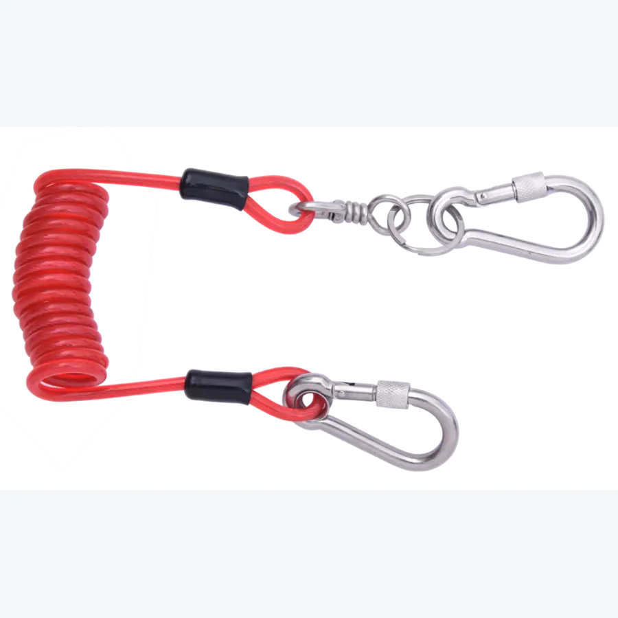 Coil tool lanyard with integrated karabiners for connecting tools to a tool-holding point on the harness or the belt of the user