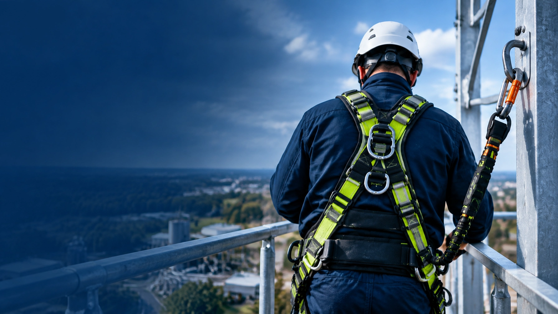 Worker wearing a fall-protection harness at height
